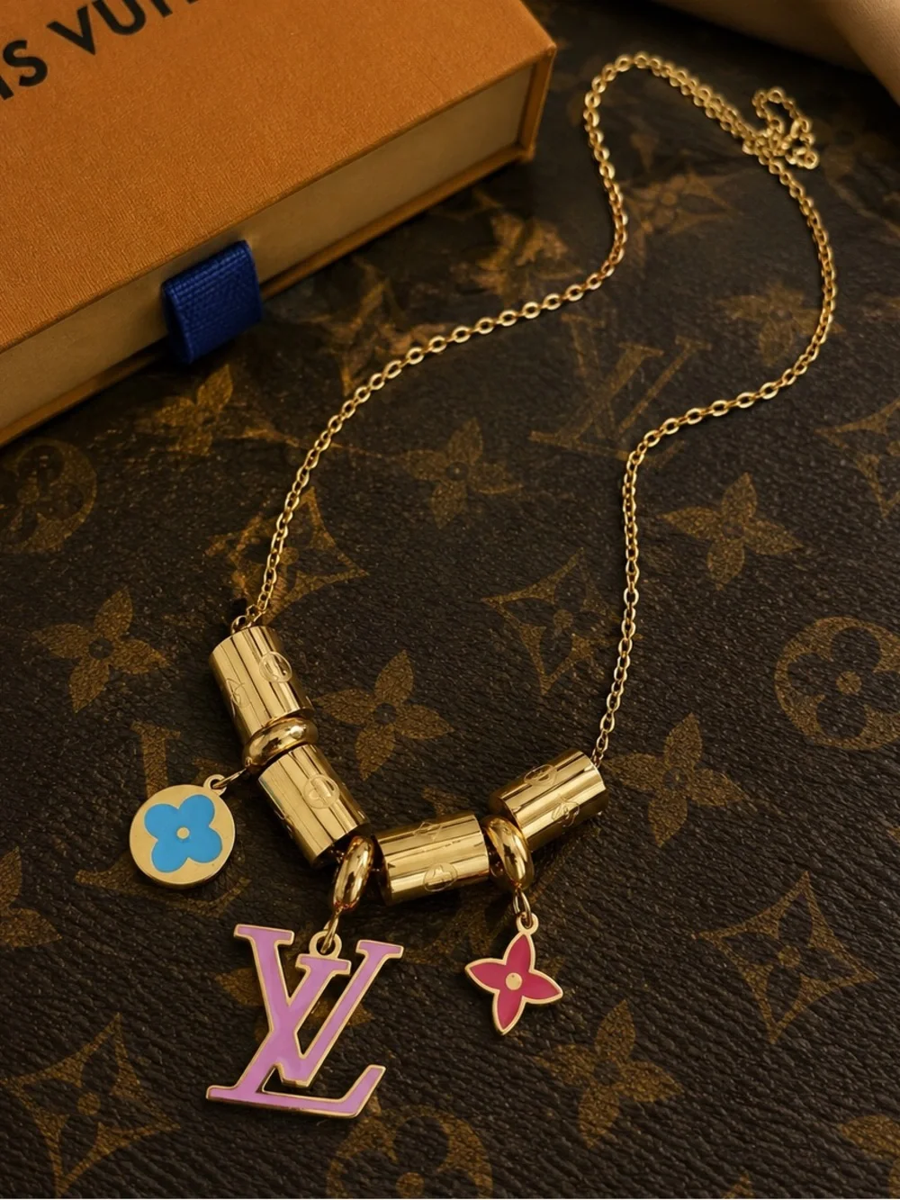 Gold Chain Necklace with Pink LV and Blue Flower Charms